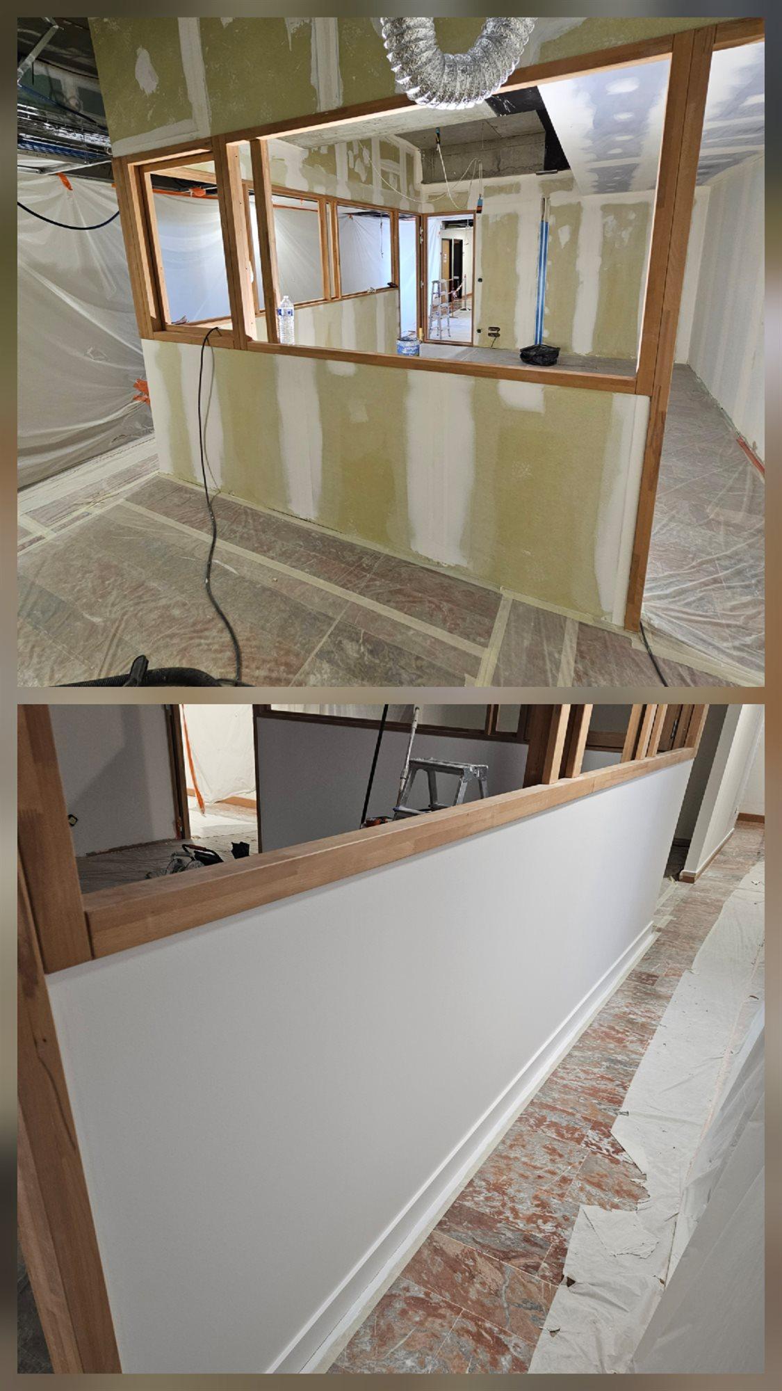 Cloison de bureaux avant et après peinture, plaques de plâtre avec bandes d'enduit puis finition blanche