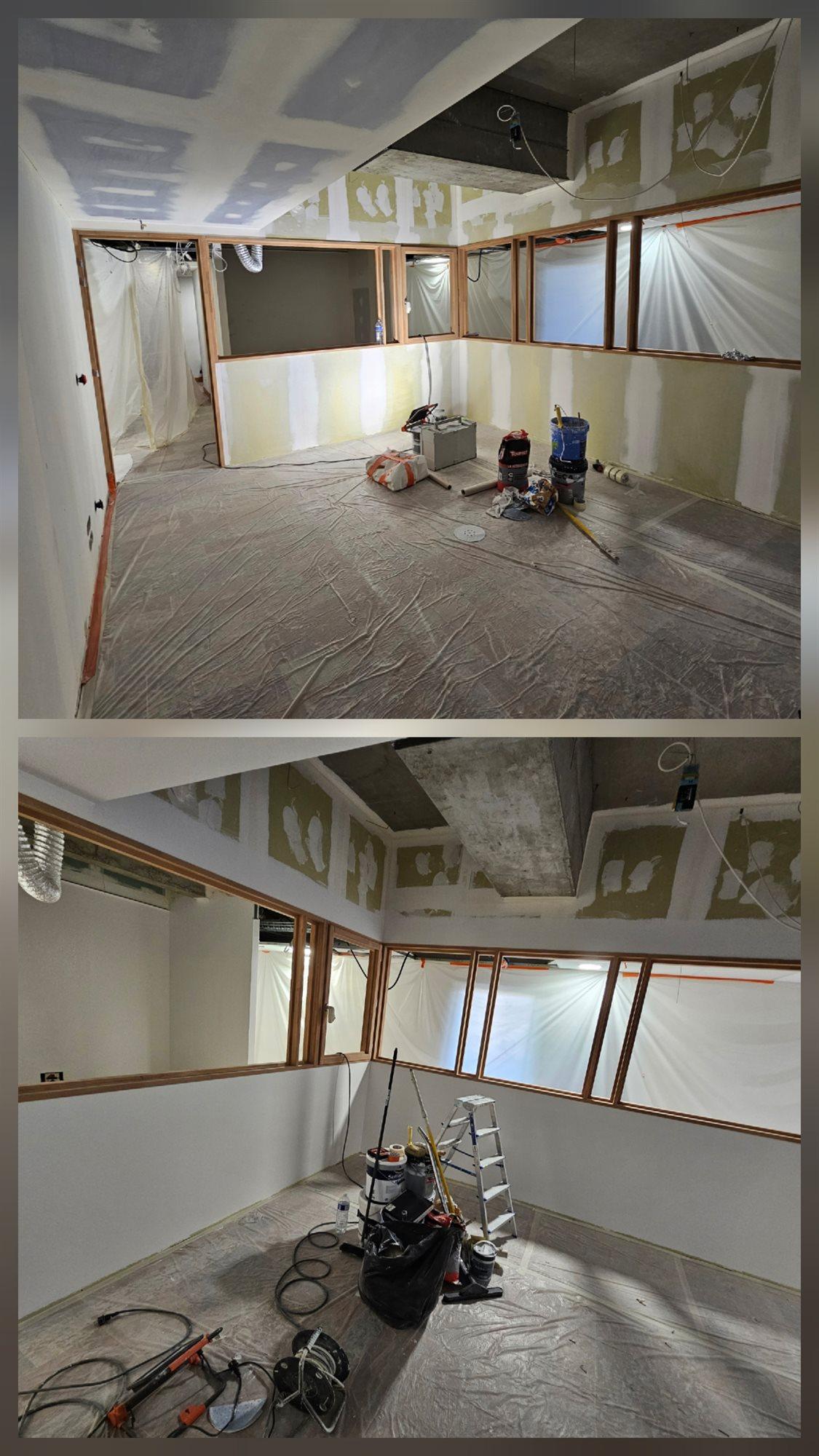 Bureau avec cloisons vitrées avant et après peinture, sol et menuiseries protégés