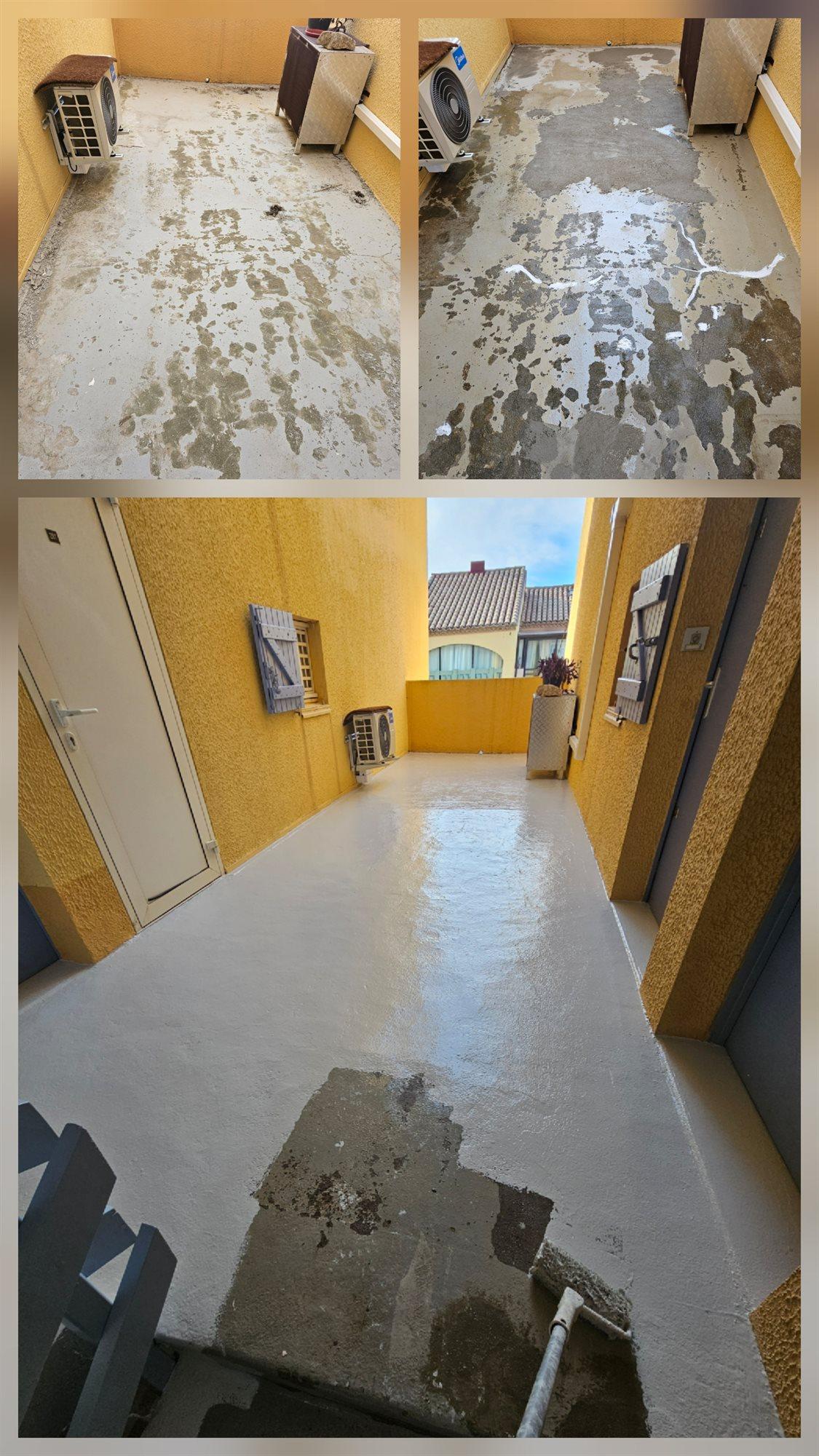 Coursive extérieure de résidence avant et après application d'une peinture de sol grise
