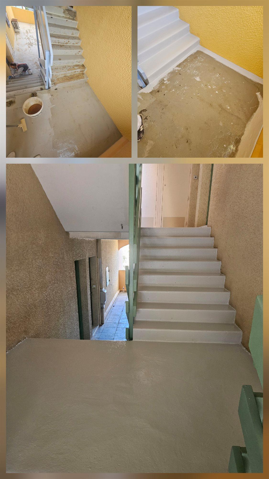 Escalier extérieur de résidence avant et après, béton dégradé puis peinture de sol appliquée