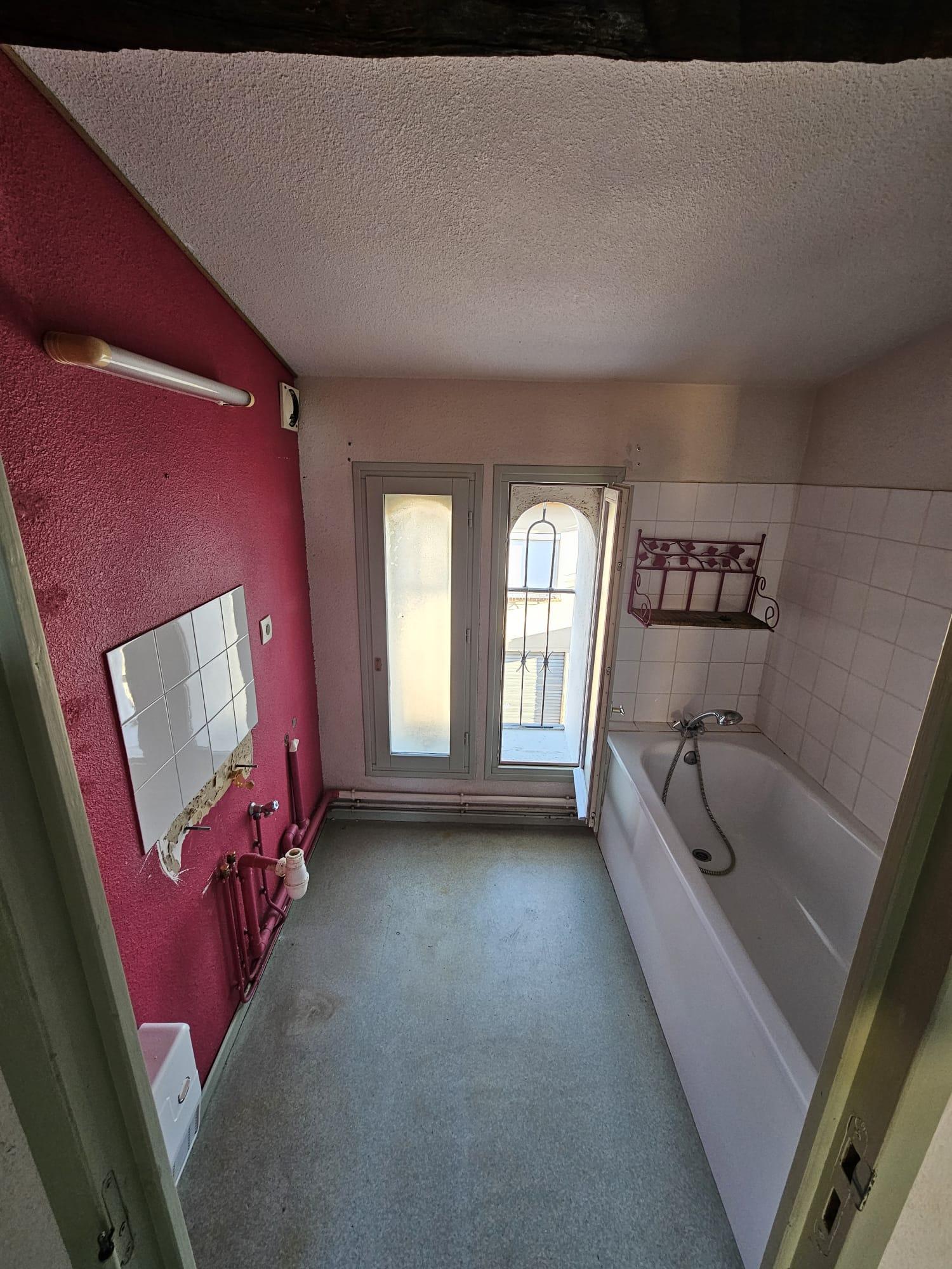 Salle de bain d'origine avant travaux, mur bordeaux, baignoire, plafond crépi