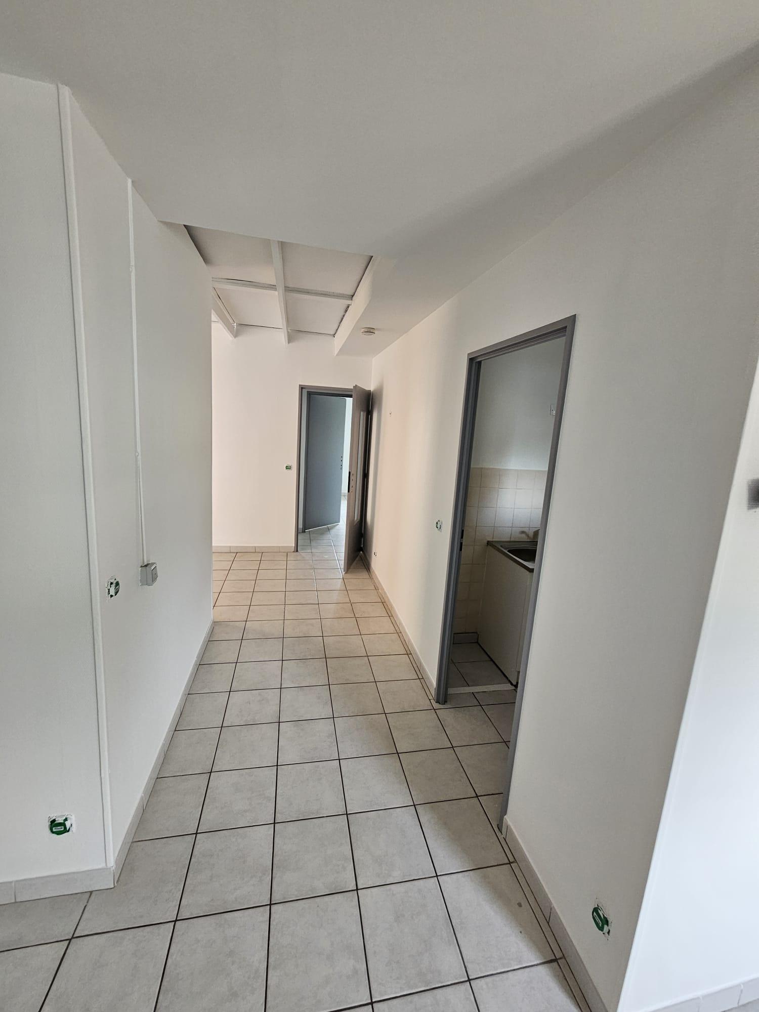 Couloir d'entrée d'un appartement à Perpignan, murs blancs, portes grises, placard intégré